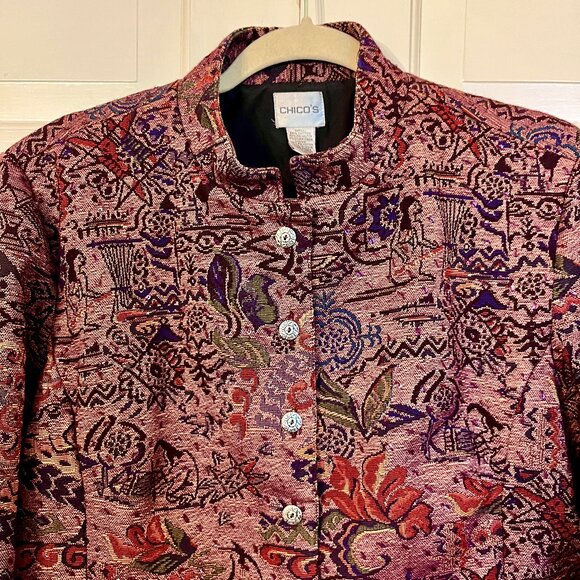 Vintage Chico's Tapestry Coat Long Line Fall Floral Side Vents Band Collar Large - Picture 2 of 8